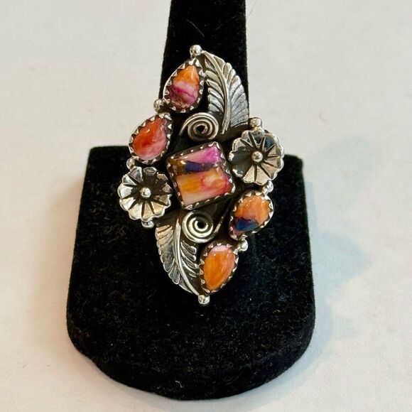 Spiny Turquoise Southwestern Statement Boho Ring Sterling Silver Floral Framed - Picture 7 of 10